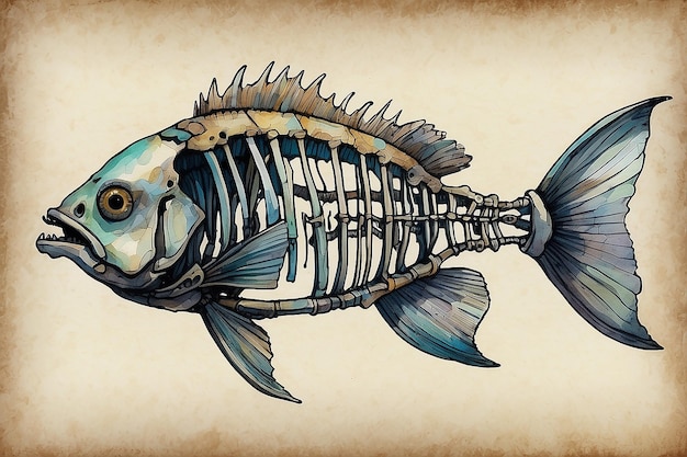 HandDrawn Fish Skeleton Ink and Watercolor Sketch