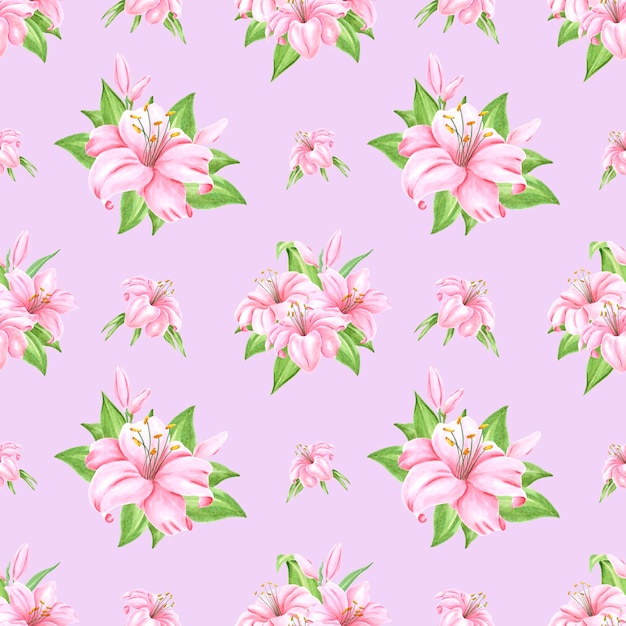 Handdrawn 꽃 원활한 패턴 라벤더 스크랩북 레이블 배너 섬유에 수채화 핑크 백합