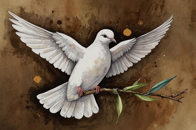 Handdrawn Flying White Dove Ink and Watercolor Illustration