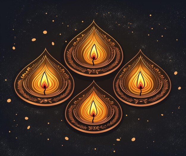 A handdrawn greeting card with glowing diya lamps