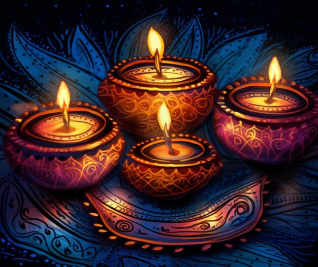 A handdrawn greeting card with glowing diya lamps