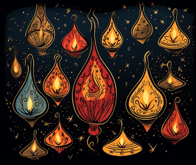 A handdrawn greeting card with glowing diya lamps