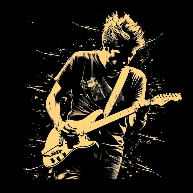 Handdrawn Guitar Player Tshirt Graphic On Black Background