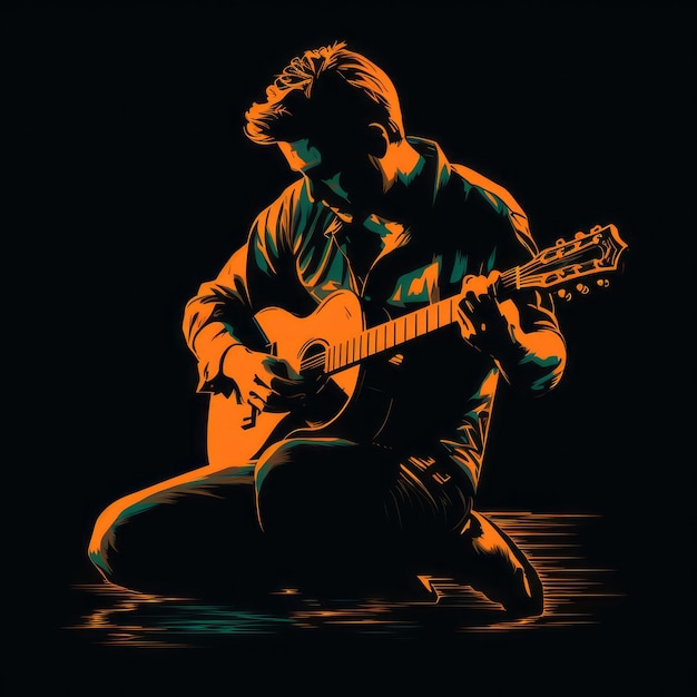 Нарисованная вручную футболка гитариста на черном фоне