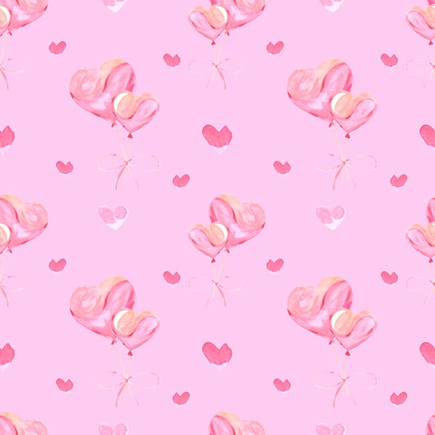 Handdrawn heart balloons seamless pattern Watercolor pink hearts and balloons on pink background