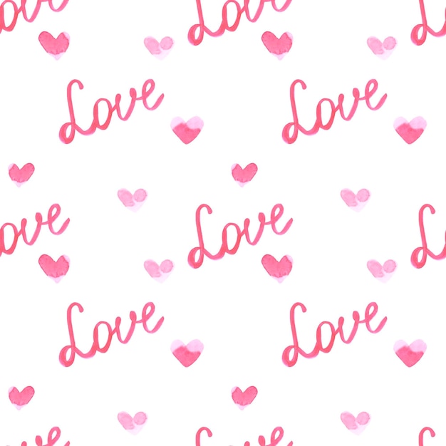 Handdrawn heart seamless pattern Watercolor pink hearts and love signs on the white background