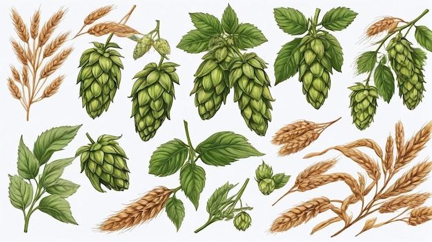 HandDrawn Hops And Wheat Illustrations Isolated On White