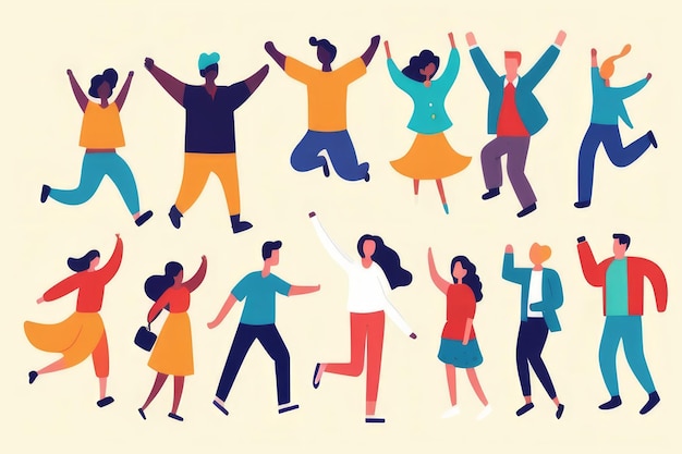 HandDrawn Illustration of Diverse People Jumping Together