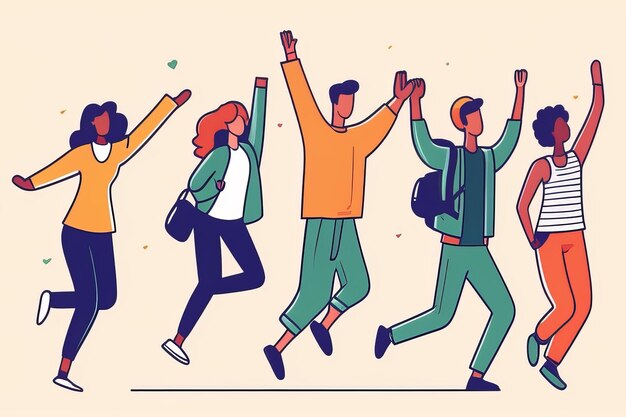 HandDrawn Illustration of Diverse People Jumping Together