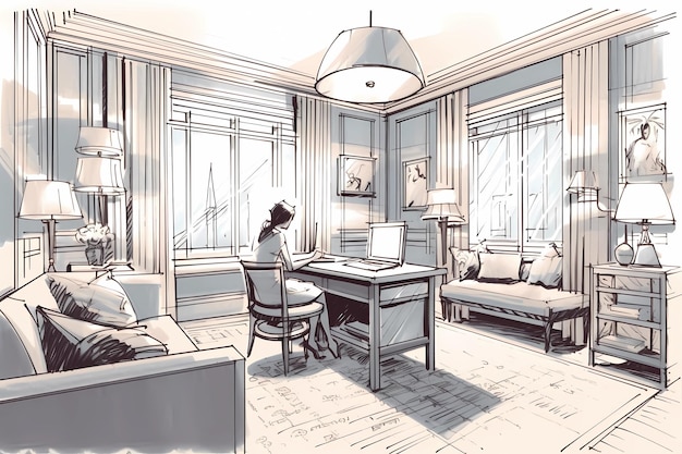 A handdrawn illustration of an interior designer digital art illustration generative AI