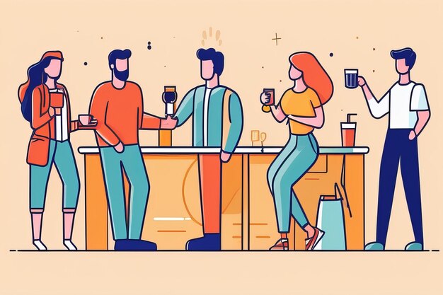 HandDrawn Illustration of People Socializing with Drinks