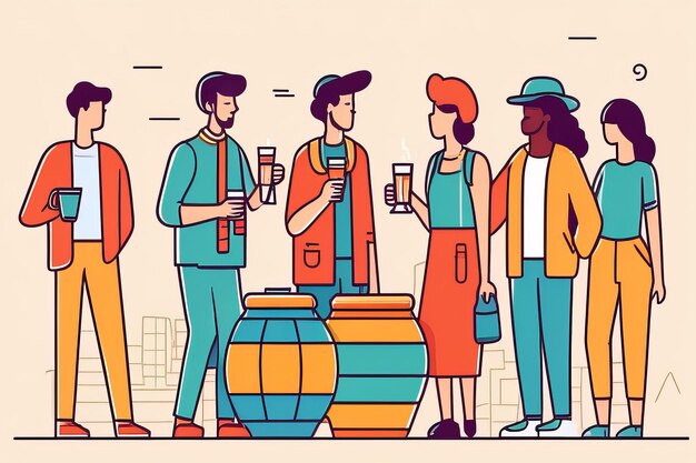 Photo handdrawn illustration of people socializing with drinks