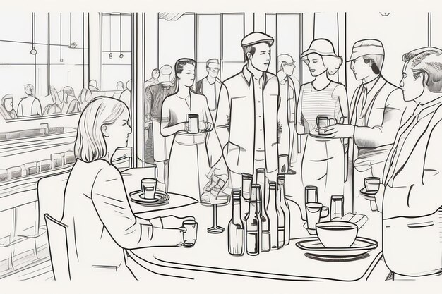 Photo handdrawn illustration of people socializing with drinks