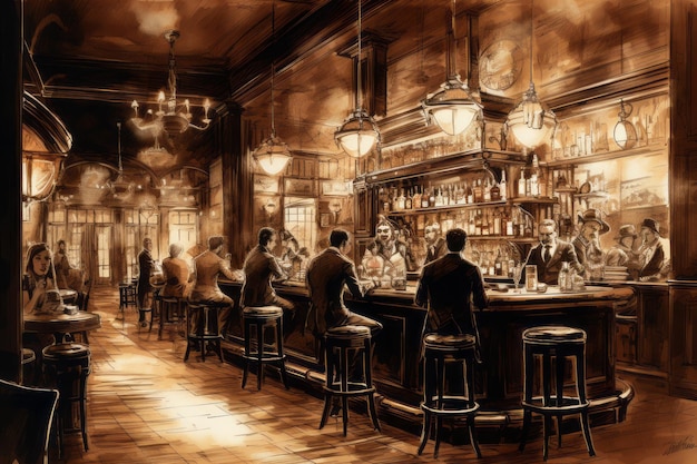 A handdrawn illustration of a speakeasy bar during the Prohibition era generative ai