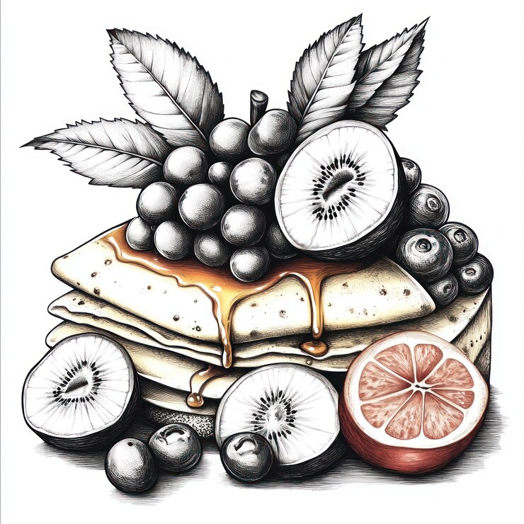 Photo a handdrawn illustration of a stack of pancakes topped with fruit and syrup