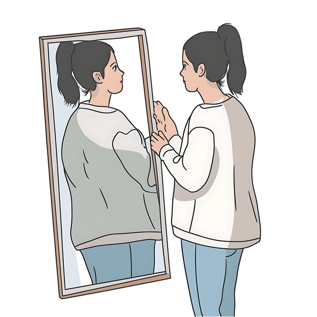 Photo handdrawn illustration of a young woman looking in a mirror