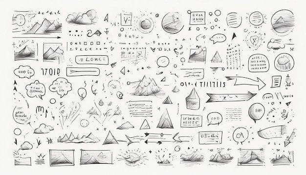 Photo handdrawn implements set sketch underlines icons emphasizes speech bubbles arrows