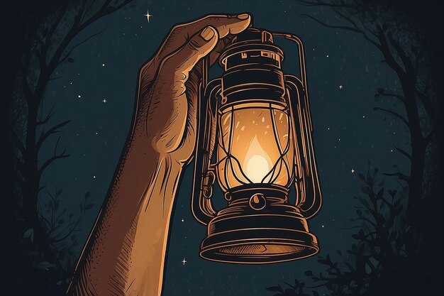 HandDrawn Lantern Illustration Vintage Hand Holding Light