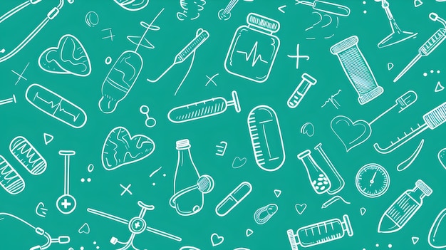 Photo handdrawn medical tools and symbols on turquoise backdrop creative doodle style healthcare concept perfect for medical content seamless pattern design ai