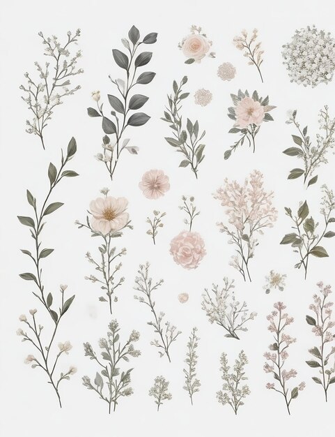HandDrawn Minimalist Collection of White Floral Decorations