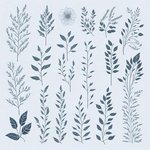 Photo handdrawn minimalist collection of white floral decorations