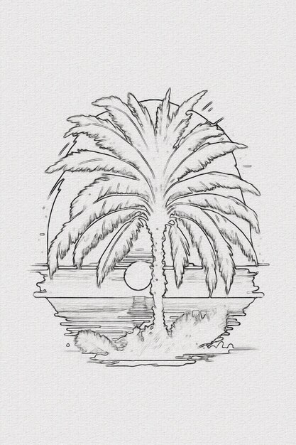 Photo handdrawn outline sketch of sunset mountain and palm tree illustration for tshirt design