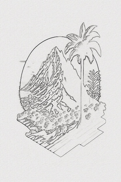 Photo handdrawn outline sketch of sunset mountain and palm tree illustration for tshirt design