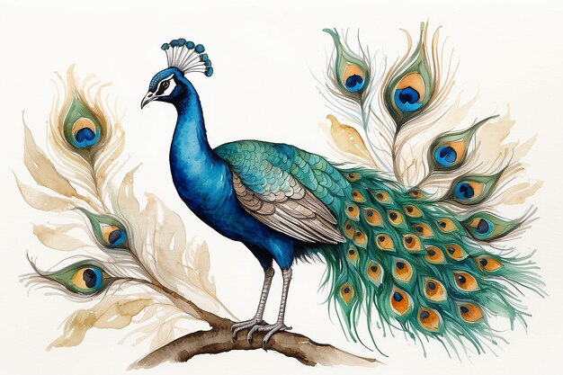 Photo handdrawn peacock bird ink and watercolor artwork