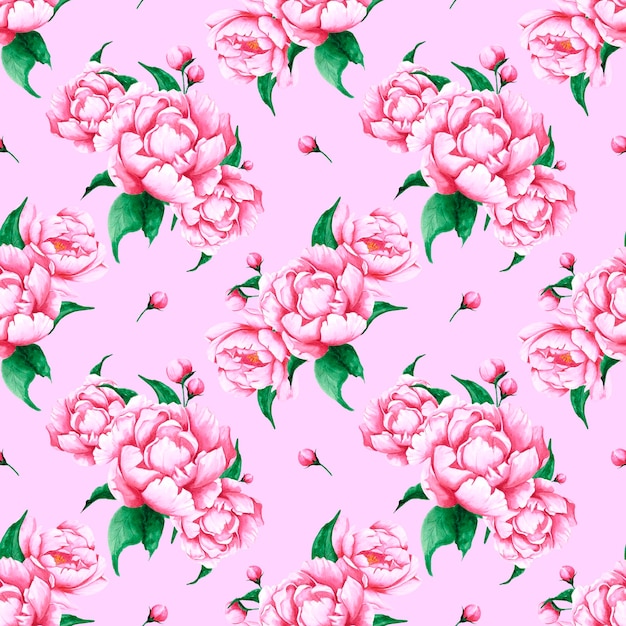 handdrawn peony flowers seamless pattern watercolor pink peony on the pink background scrapbook design typography poster label banner textile