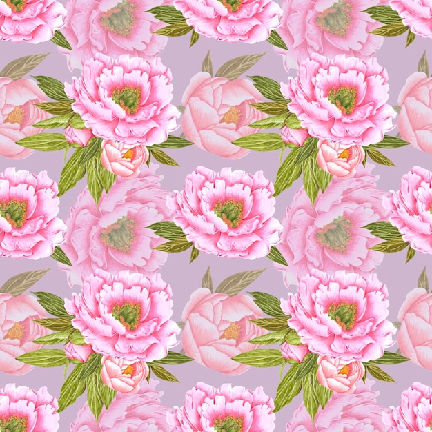 handdrawn peony flowers seamless pattern watercolor pink peony with green leaves on the grey background scrapbook design typography poster label banner textile