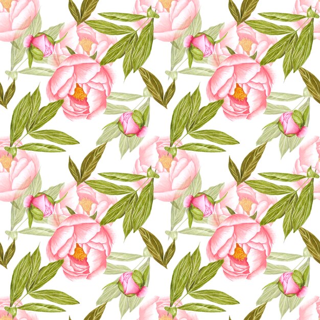 Handdrawn peony flowers seamless pattern Watercolor pink peony with green leaves on white background