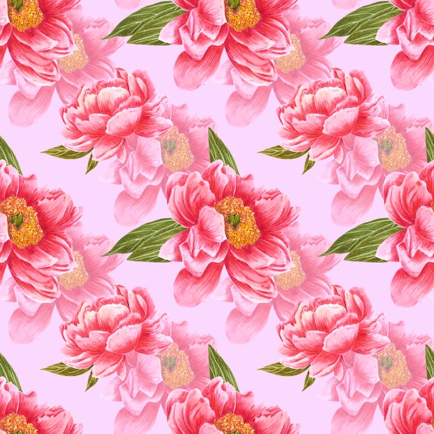 handdrawn peony flowers seamless pattern watercolor red peony with green leaves on the purple background scrapbook design typography poster label banner textile
