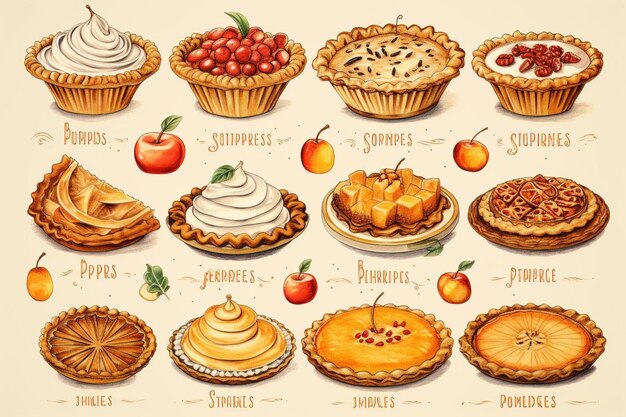 Photo handdrawn pie recipes with illustrations pie photo