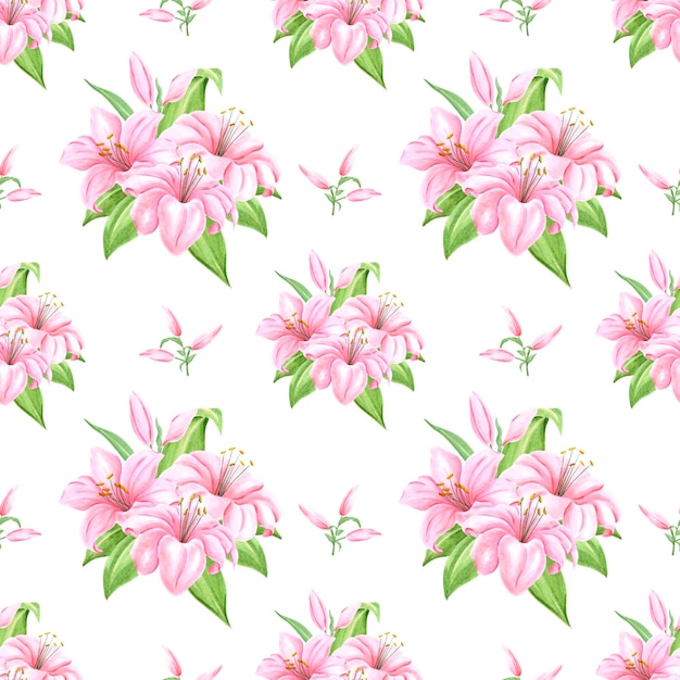 Handdrawn pink lily flowers seamless pattern Watercolor on white background Scrapbook banner textile