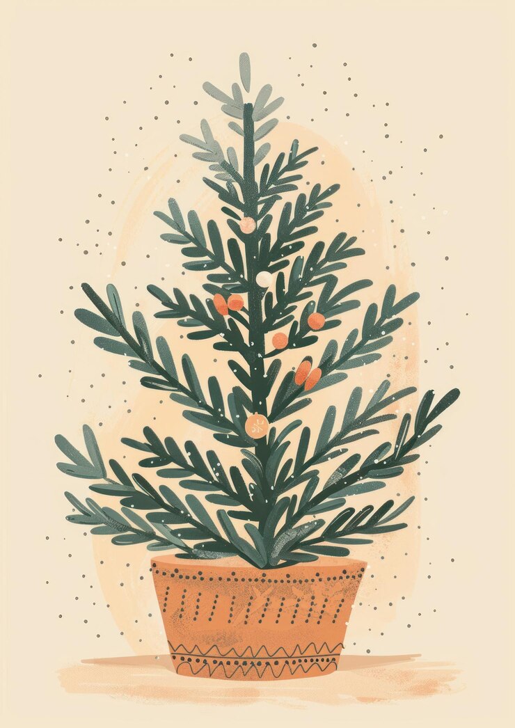 Photo handdrawn potted evergreen illustration