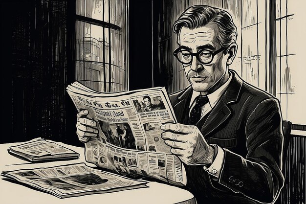 Handdrawn Retro Man Reading Newspaper Vintage Ink Drawing