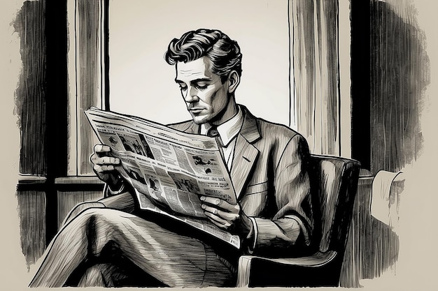 Handdrawn Retro Man Reading Newspaper Vintage Ink Drawing