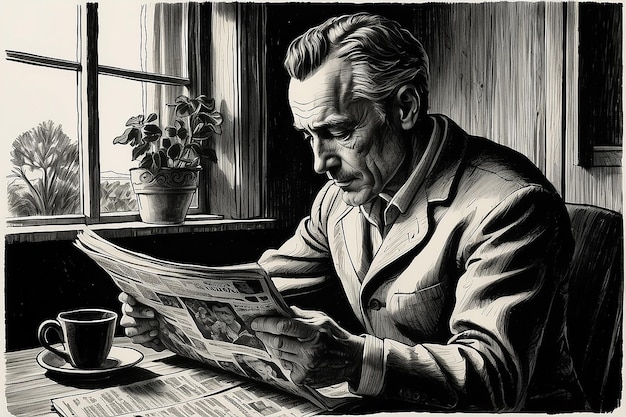 Photo handdrawn retro man reading newspaper vintage ink drawing