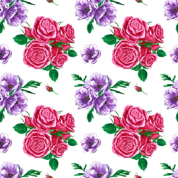 Handdrawn roses and anemons seamless pattern Watercolor flowers composition on the white background