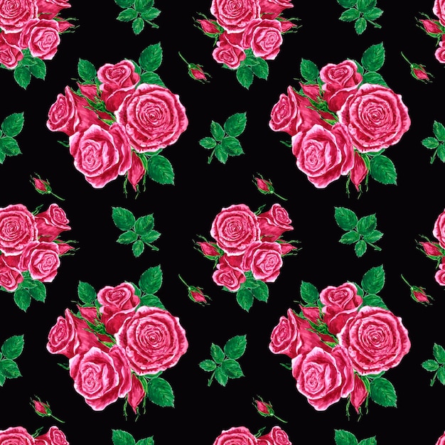 Handdrawn roses seamless pattern Watercolor pink flowers composition on the black background