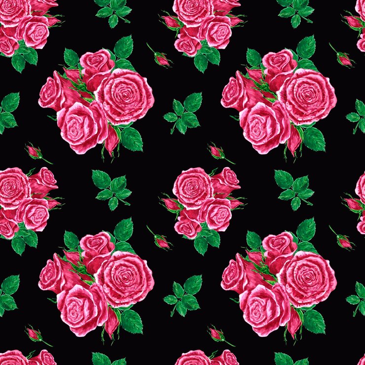 Handdrawn roses seamless pattern Watercolor pink flowers composition on the black background