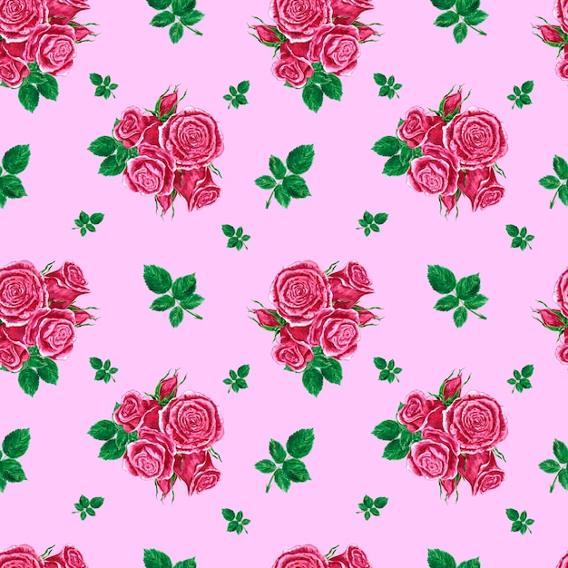 Handdrawn roses seamless pattern Watercolor pink flowers composition on the dark pink background