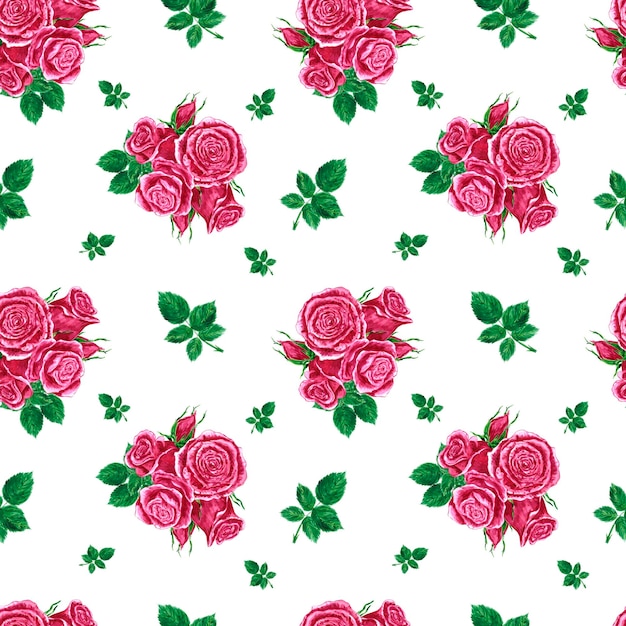 Handdrawn roses seamless pattern Watercolor pink flowers composition on the white background