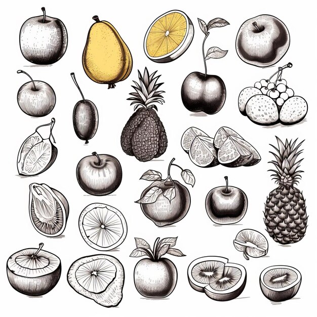 Фото Ручные рисунки с фруктовой темой на белом фоне