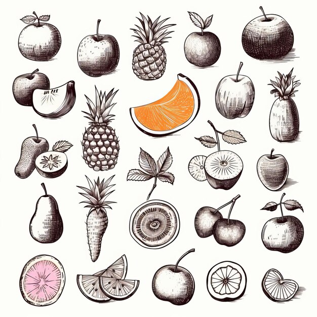 Photo handdrawn rough line illustrations with a fruit theme on white background