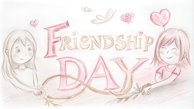 Photo handdrawn sketch of girls with friendship day text minimalist and charming