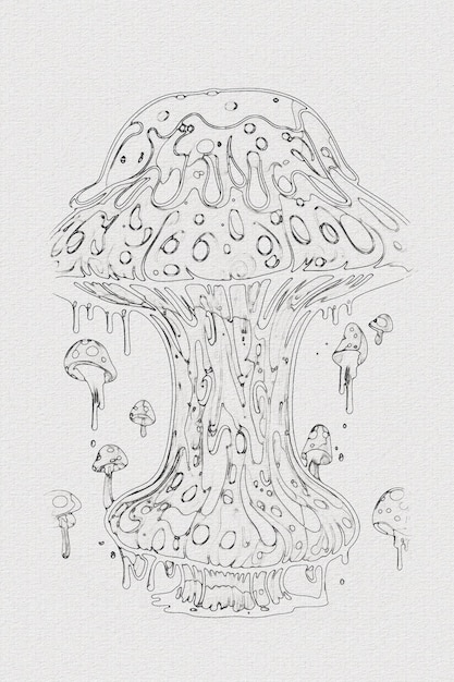 Photo a handdrawn sketch of a mushroom outline illustration on white texture background