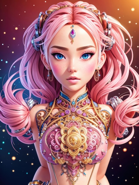 Handdrawn space princess with pink hair