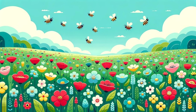 手描きの春の牧草地に咲く花とフラットのイラストで飛び回る蜂