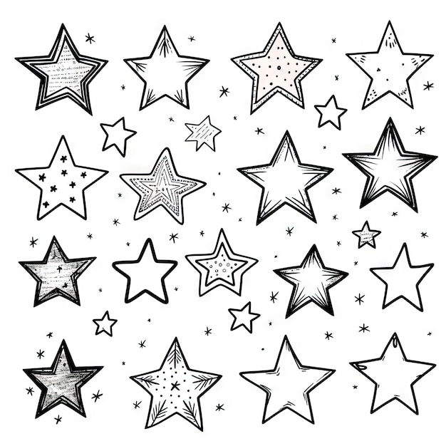 Photo handdrawn star sketch collection hand drawn pentagram icons isolated doodle stars shapes linear drawing of cute space illustration for christmas generative ai illustration